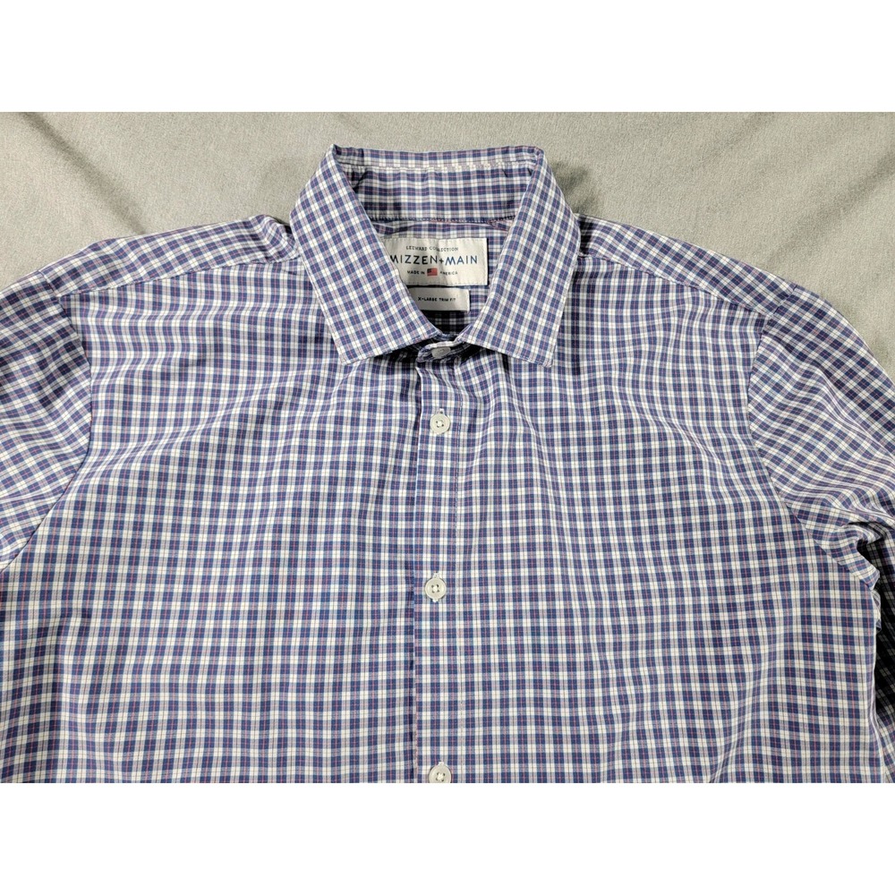 Mizzen+Main Leeward Button Up Shirt Mens XL Trim Fit Blue Red Plaid Stretch